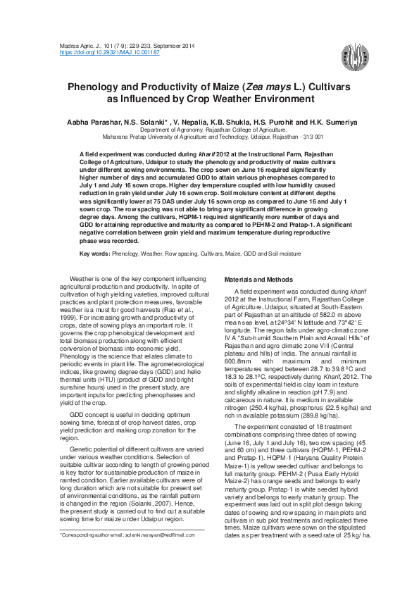 (PDF) Phenology and Productivity of Maize (Zea mays L.) Cultivars as ...