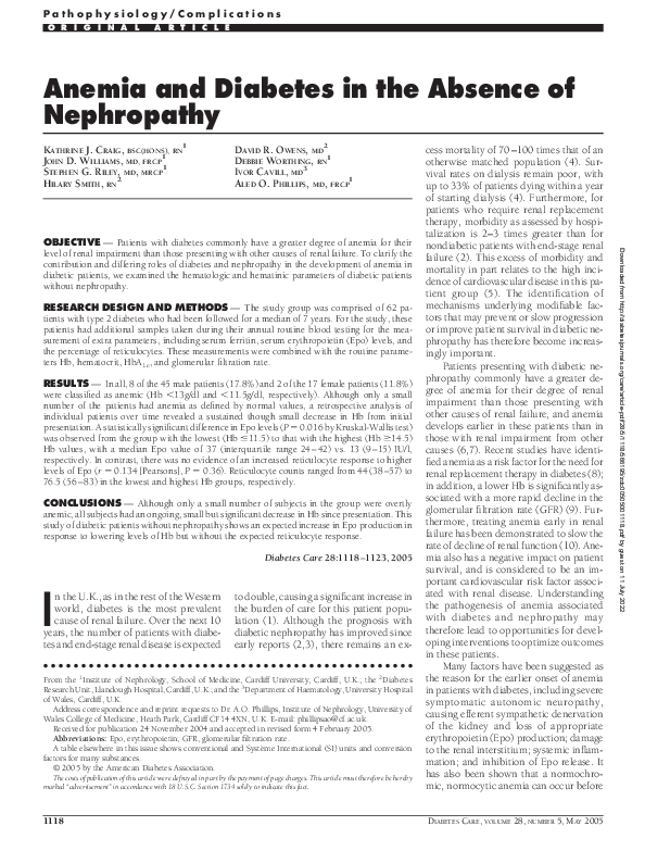 (PDF) Anemia and Diabetes in the Absence of Nephropathy