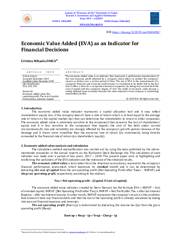 (PDF) Economic Value Added (EVA) as an Indicator for Financial Decisions