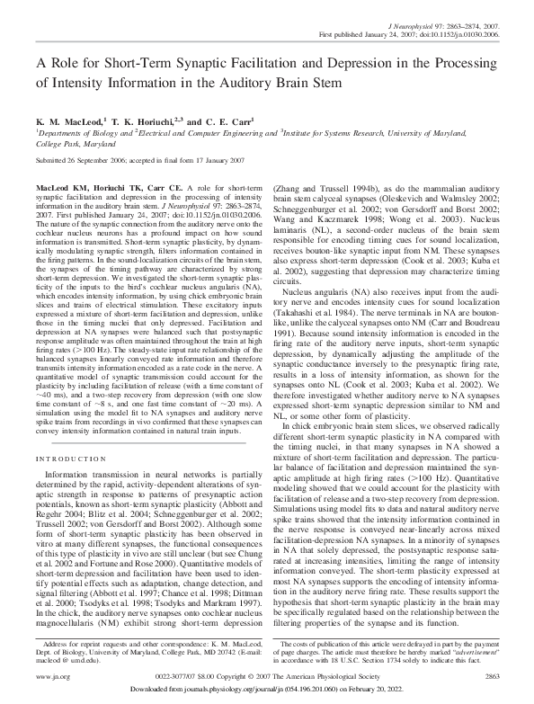 (PDF) A Role for Short-Term Synaptic Facilitation and Depression in the ...