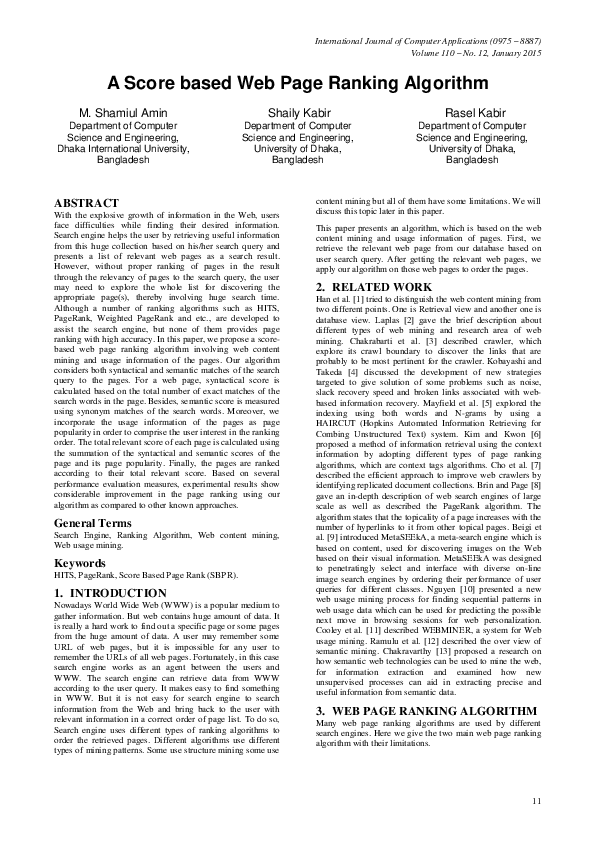 (PDF) A Score based Web Page Ranking Algorithm