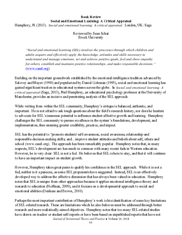 (PDF) Book Review Social and Emotional Learning: A Critical Appraisal