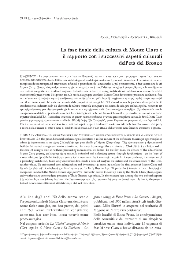 (PDF) La fase finale della cultura di Monte Claro e il rapporto con i