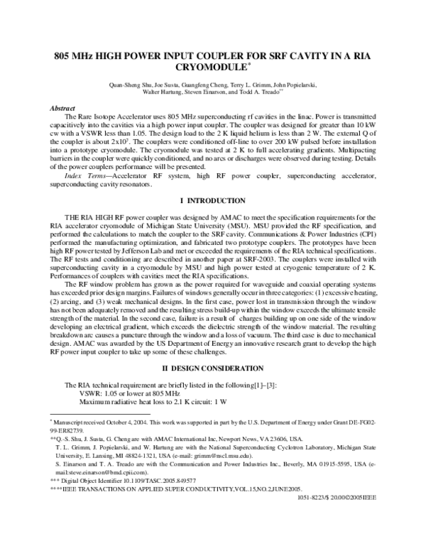 (PDF) 805 MHz HIGH POWER INPUT COUPLER FOR SRF CAVITY IN A RIA CRYOMODULE