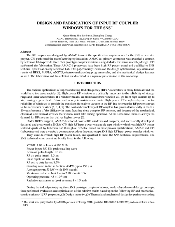 (PDF) DESIGN AND FABRICATION OF INPUT RF COUPLER WINDOWS FOR THE SNS
