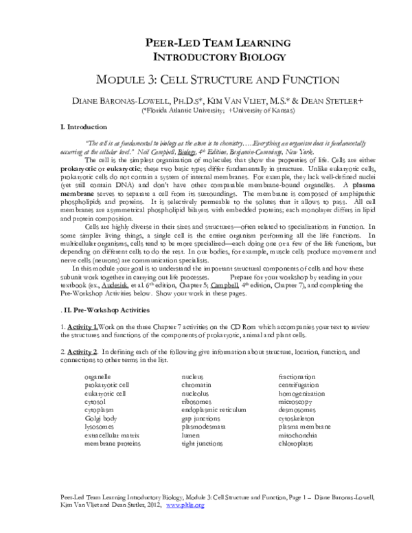 (PDF) Module 3: Cell Structure and Function