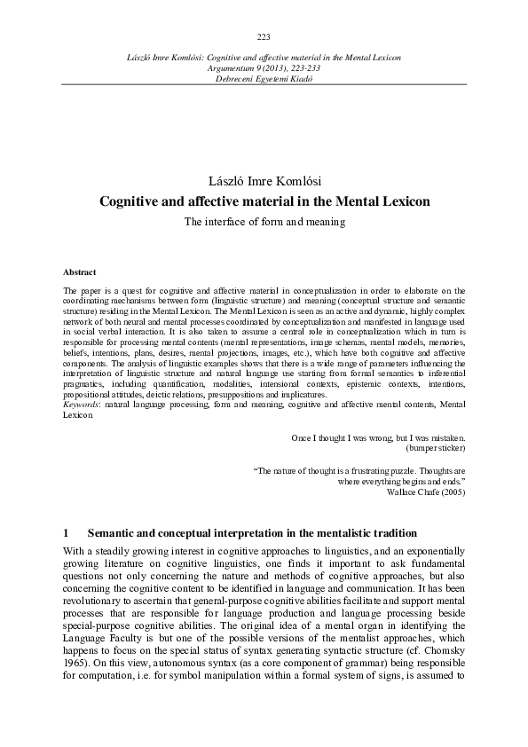 (PDF) Cognitive and affective material in the Mental Lexicon