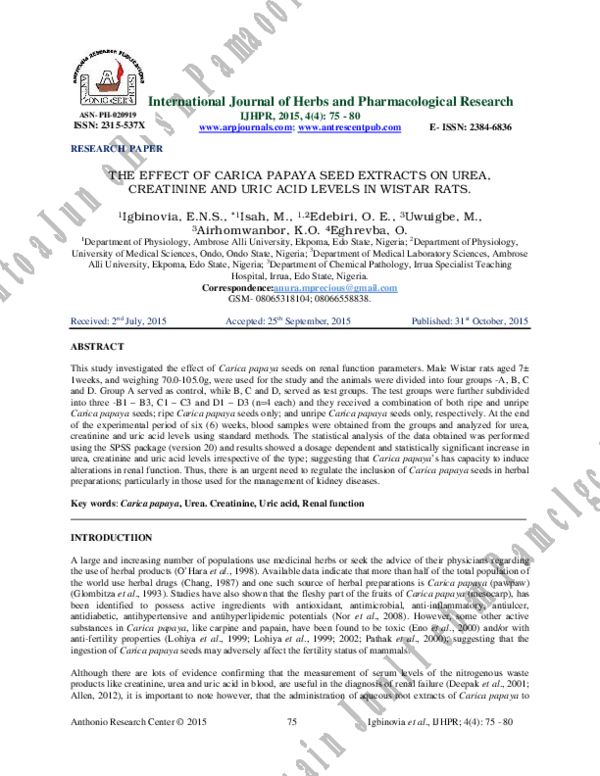 (PDF) THE EFFECT OF CARICA PAPAYA SEED EXTRACTS ON UREA, CREATININE AND ...