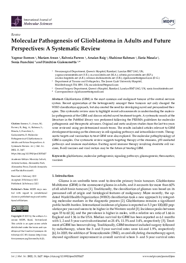 (PDF) Molecular Pathogenesis of Glioblastoma in Adults and Future ...
