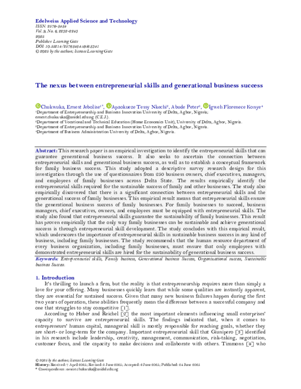 (PDF) THE NEXUS BETWEEN ENTREPRENEURIAL SKILLS AND GENERATIONAL ...