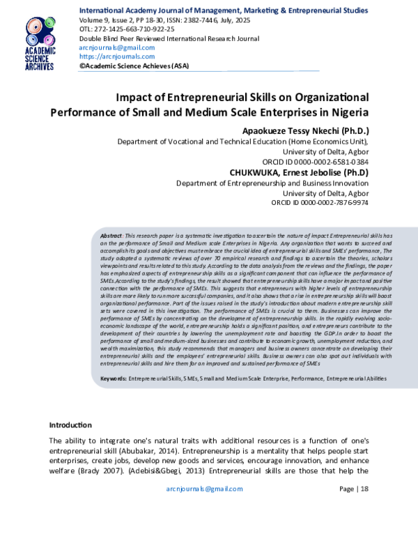 (PDF) Impact of Entrepreneurial Skills on Organiza onal Performance of ...