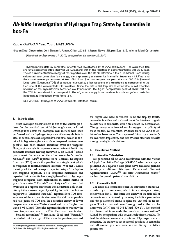 (PDF) Ab-initio Investigation of Hydrogen Trap State by Cementite in bcc-Fe