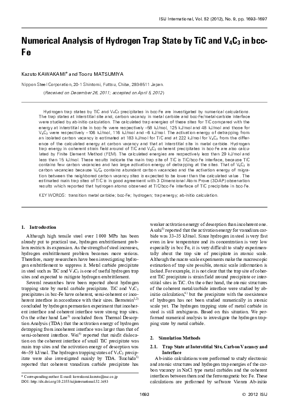 (PDF) Numerical Analysis of Hydrogen Trap State by TiC and V4C3 in bcc-Fe