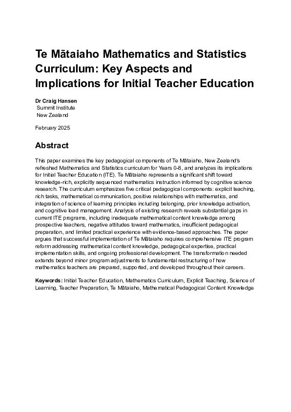 (PDF) Te Mātaiaho Mathematics and Statistics Curriculum: Key Aspects ...