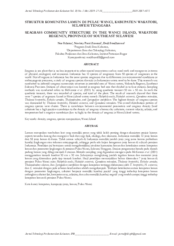 (PDF) Struktur Komunitas Lamun DI Pulau Wanci, Kabupaten Wakatobi ...