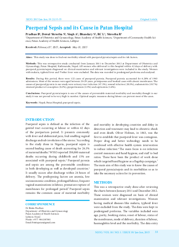 (PDF) Puerperal Sepsis and its Cause in Patan Hospital