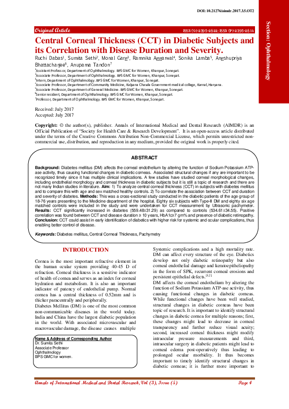 (PDF) Central Corneal Thickness (CCT) in Diabetic Subjects and its ...