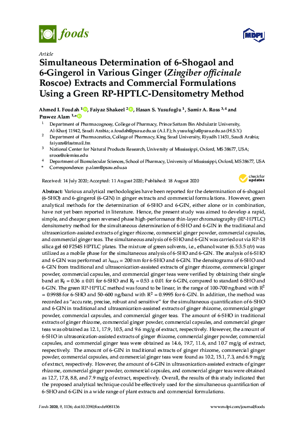 (PDF) Simultaneous Determination of 6-Shogaol and 6-Gingerol in Various ...