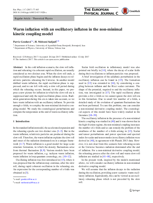 (PDF) Warm inflation with an oscillatory inflaton in the non-minimal ...