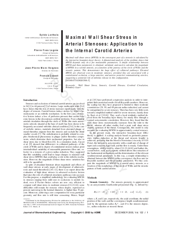 (PDF) Maximal Wall Shear Stress in Arterial Stenoses: Application to ...