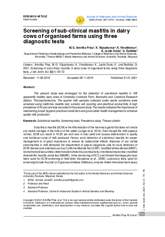 (PDF) Screening of sub-clinical mastitis in dairy cows of organised ...