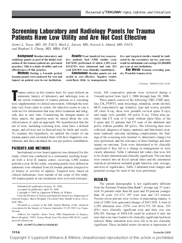 (PDF) Screening Laboratory and Radiology Panels for Trauma Patients ...