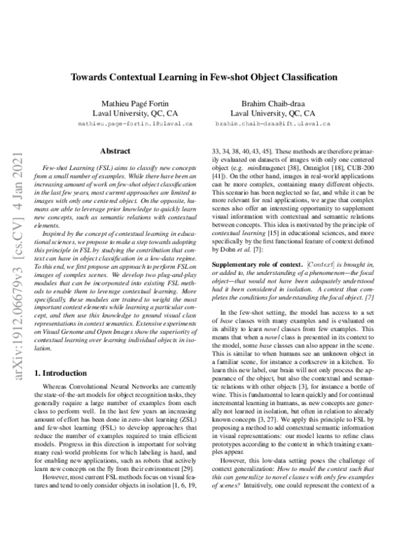 (PDF) Towards Contextual Learning in Few-shot Object Classification