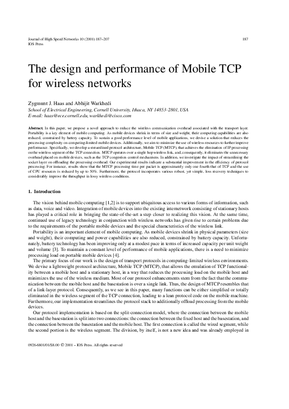 (PDF) The design and performance of Mobile TCP for wireless networks