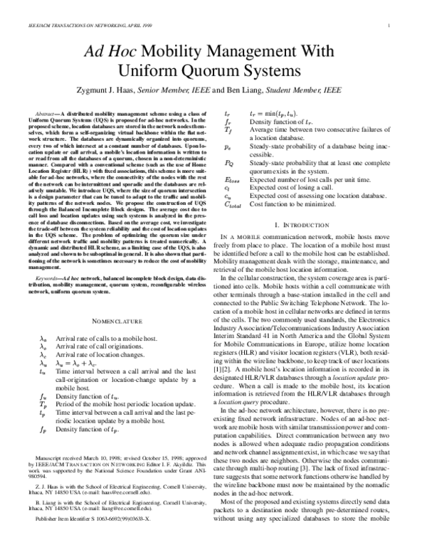 (PDF) Ad hoc mobility management with uniform quorum systems