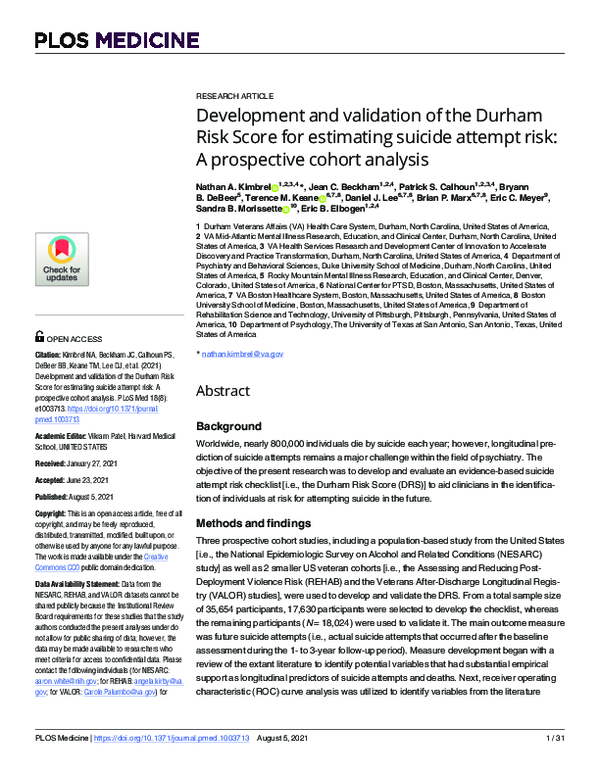 (PDF) Development and validation of the Durham Risk Score for ...