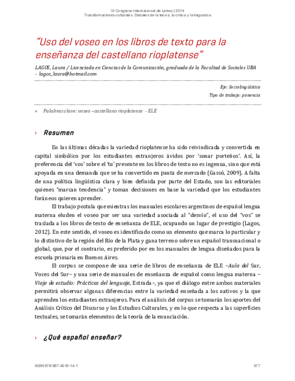 (PDF) Uso del voseo en los libros de texto para la enseñanza del ...