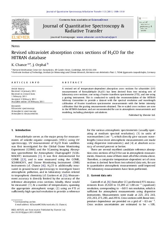 (PDF) Revised ultraviolet absorption cross sections of H2CO for the ...