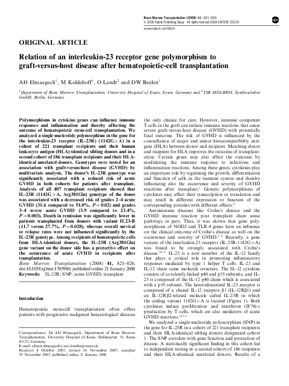(PDF) Relation of an interleukin-23 receptor gene polymorphism to graft ...