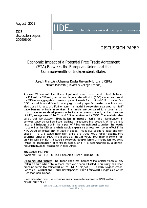 (PDF) Economic Impact of a Potential Free Trade Agreement (FTA) between ...