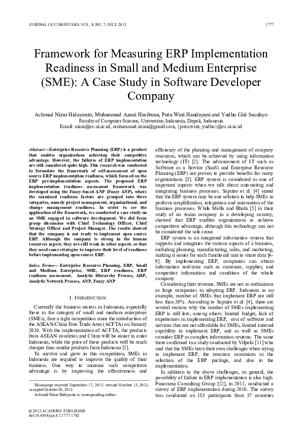 (PDF) Framework for Measuring ERP Implementation Readiness in Small and ...