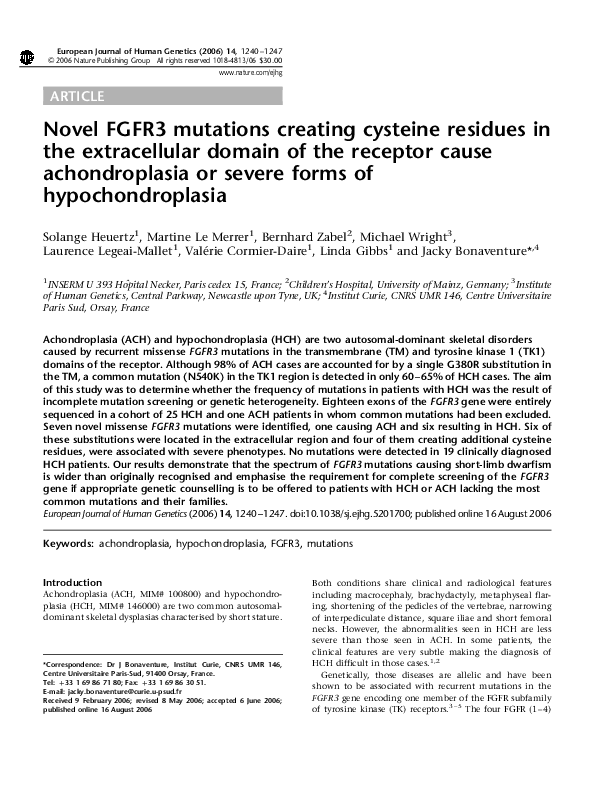(PDF) Novel FGFR3 mutations creating cysteine residues in the ...