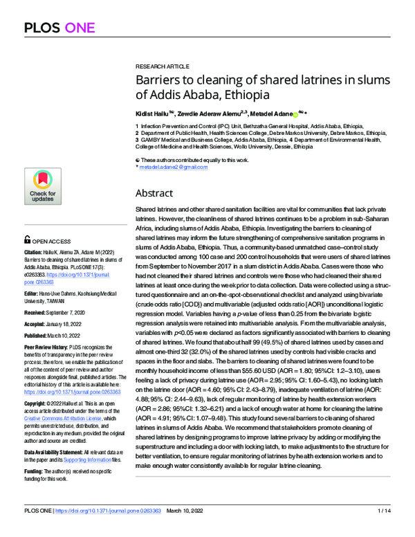 (PDF) Barriers to cleaning of shared latrines in slums of Addis Ababa ...