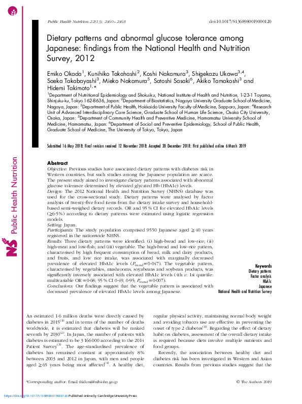 (PDF) Dietary patterns and abnormal glucose tolerance among Japanese ...