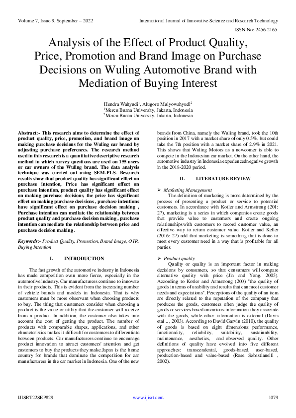 (PDF) Analysis of the Effect of Product Quality, Price, Promotion and ...