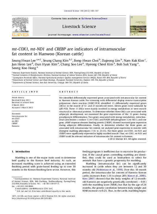 (PDF) mt-COX1, mt-ND1 and CREBP are indicators of intramuscular fat ...