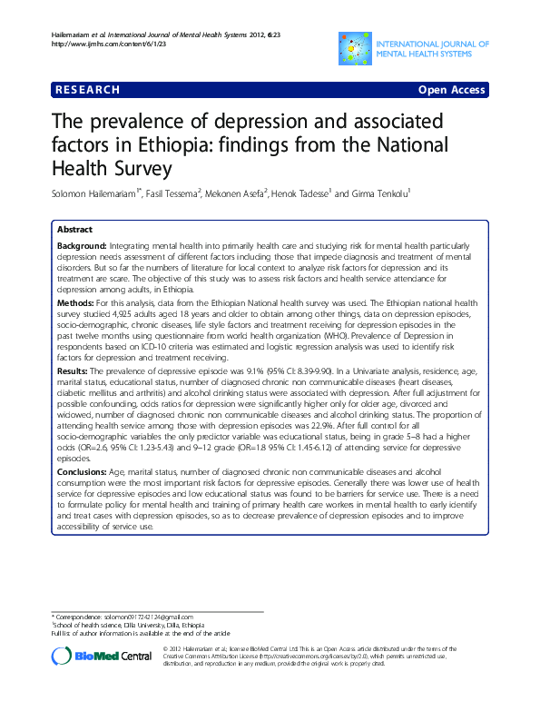 (PDF) The prevalence of depression and associated factors in Ethiopia ...