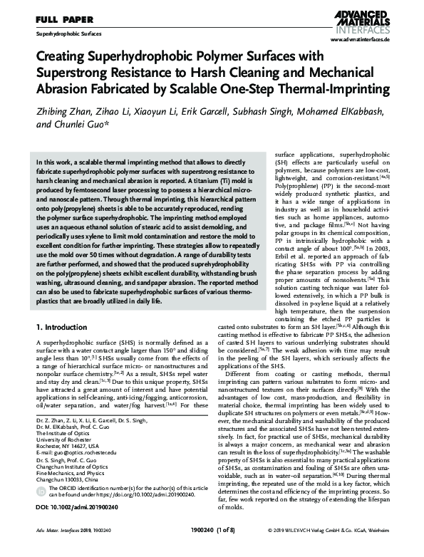 (PDF) Creating Superhydrophobic Polymer Surfaces with Superstrong ...