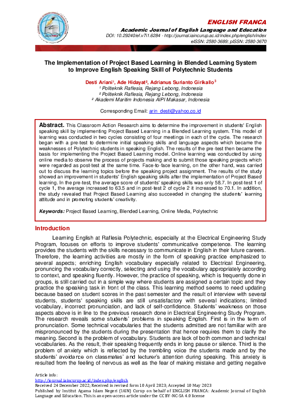 (PDF) The Implementation of Project Based Learning in Blended Learning ...