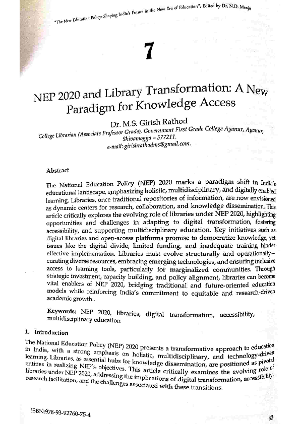 (PDF) NEP 2020 and library Transformation: A New paradigm for Knowledge ...