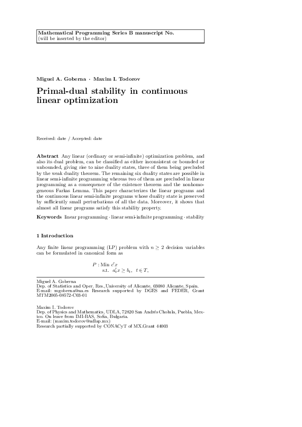 (PDF) Primal-dual stability in continuous linear optimization