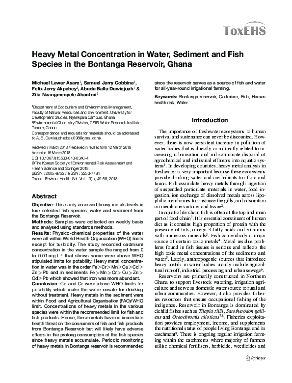 (PDF) Heavy metal concentration in water, sediment, and tissues of fish ...