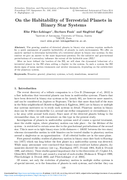 (PDF) On the Habitability of Terrestrial Planets in Binary Star Systems