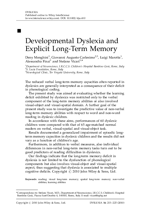 (PDF) Developmental dyslexia and explicit long‐term memory