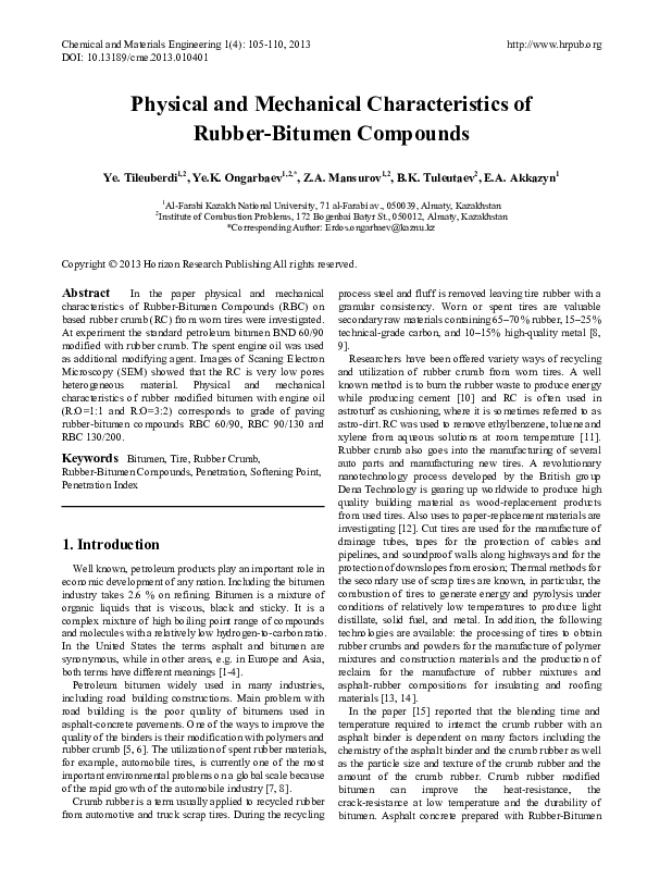 (PDF) Physical and Mechanical Characteristics of Rubber-Bitumen Compounds
