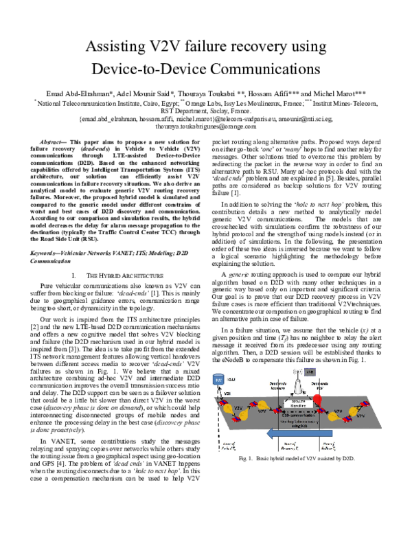 (PDF) Assisting V2V failure recovery using Device-to-Device communications